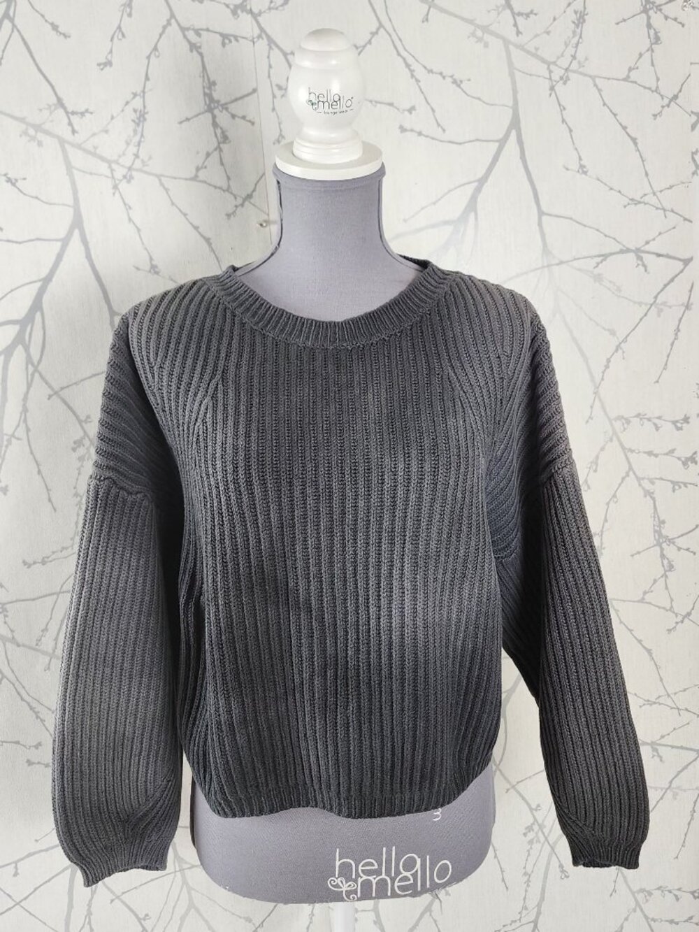 Drykorn Gray Blue Wash Cotton Ribbed Knit Cropped Sweater
